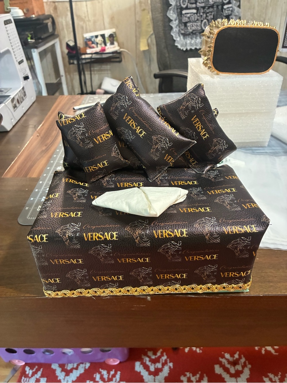 Brown and Gold Logo Tissue Box Set with Accent Pillows